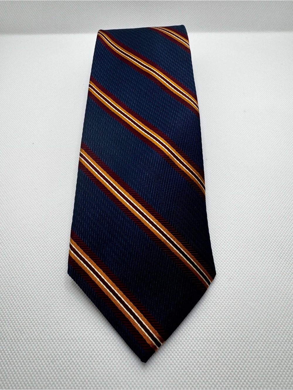 Brooks Brothers Navy Silk Tie with Gold and Burgundy Stripes - KK0015